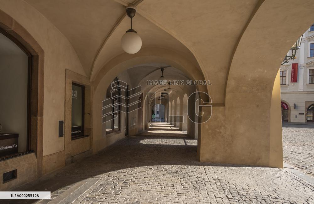 Arcades, Empty center of Prague, historical center, Prague, city, without tourists, restricted movement of people, travel ban, prevention of infection, Coronavirus, Covid 19