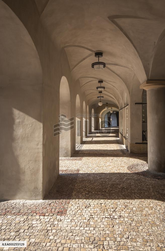Arcades, Empty center of Prague, historical center, Prague, city, without tourists, restricted movement of people, travel ban, prevention of infection, Coronavirus, Covid 19