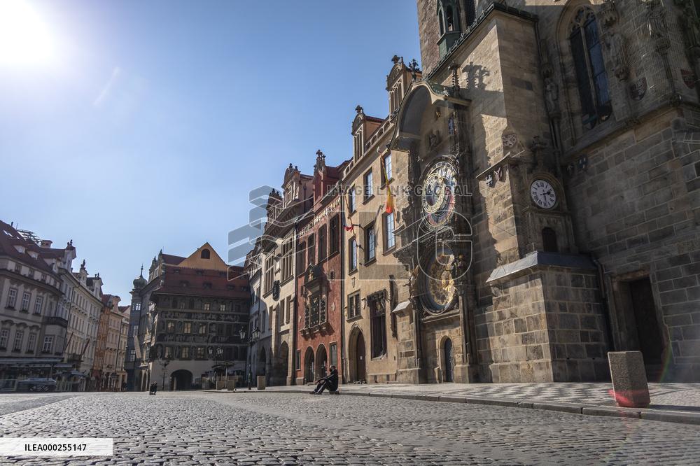 Old Town Square, Old Town Hall, Empty center of Prague, historical center, Prague, city, without tourists, restricted movement of people, travel ban, prevention of infection, Coronavirus, Covid 19