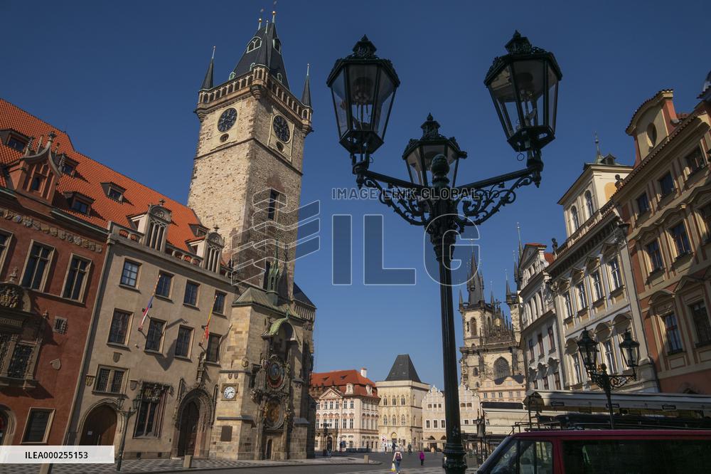 Old Town Square, Old Town Hall, Empty center of Prague, historical center, Prague, city, without tourists, restricted movement of people, travel ban, prevention of infection, Coronavirus, Covid 19