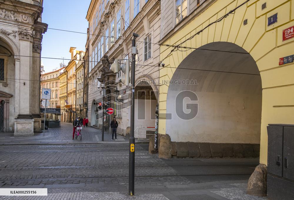 Empty center of Prague, streets Krizovnicka, Karlova, historical center, Old Town, Prague, city, without tourists, restricted movement of people, travel ban, prevention of infection, Coronavirus, Covid 19
