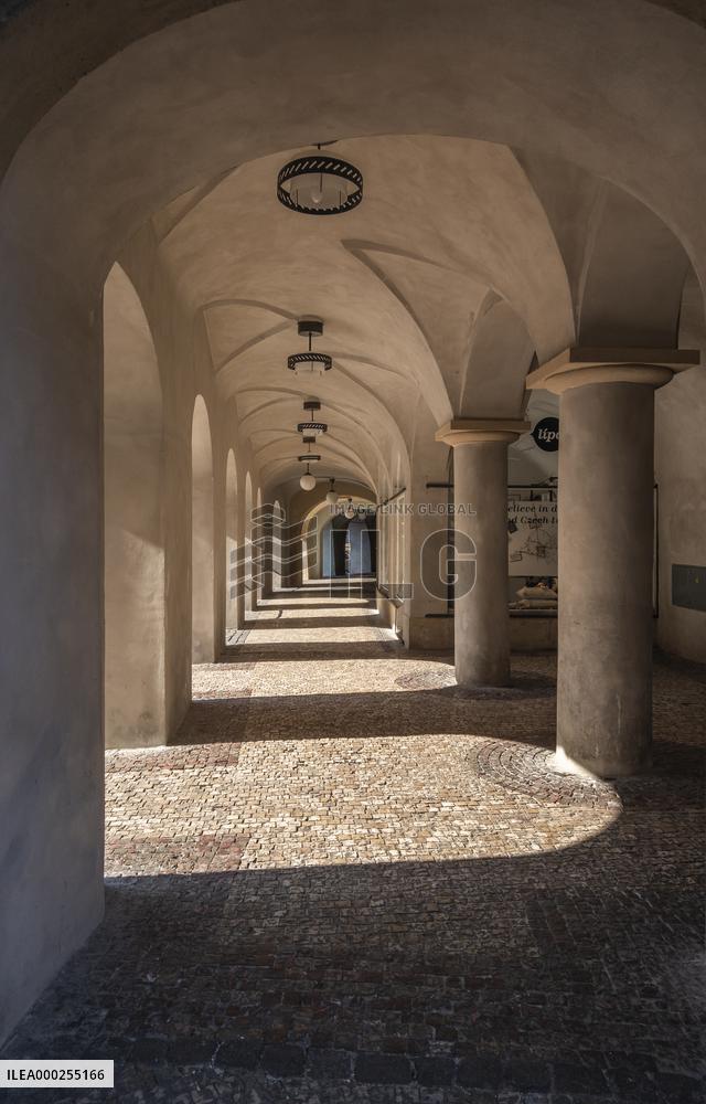 Arcades, Empty center of Prague, historical center, Prague, city, without tourists, restricted movement of people, travel ban, prevention of infection, Coronavirus, Covid 19