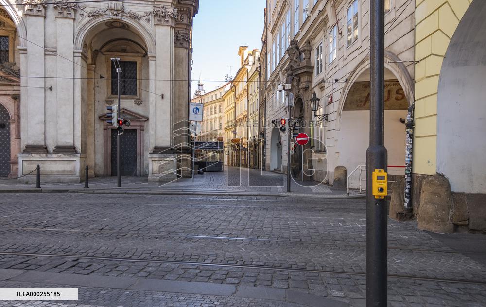 Empty center of Prague, streets Krizovnicka, Karlova, historical center, Old Town, Prague, city, without tourists, restricted movement of people, travel ban, prevention of infection, Coronavirus, Covid 19