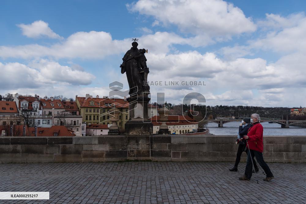Prague, Charles Bridge, tourist, tourism, empty, state of emergency over coronavirus across Czech Republic
