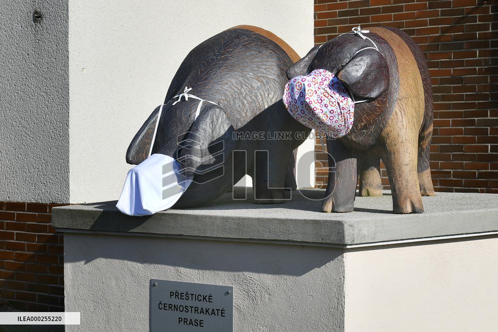 monument, statue Presticke pig wearing face masks