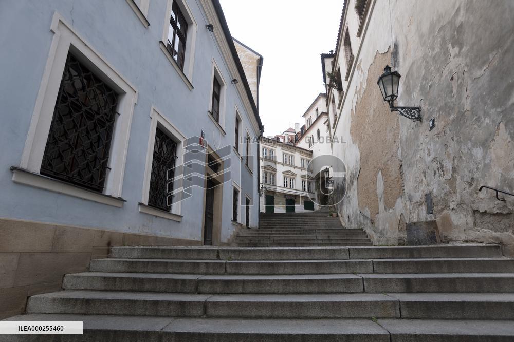 Stairs up to Prague Castle, without tourist, empty, state of emergency over coronavirus across Czech Republic