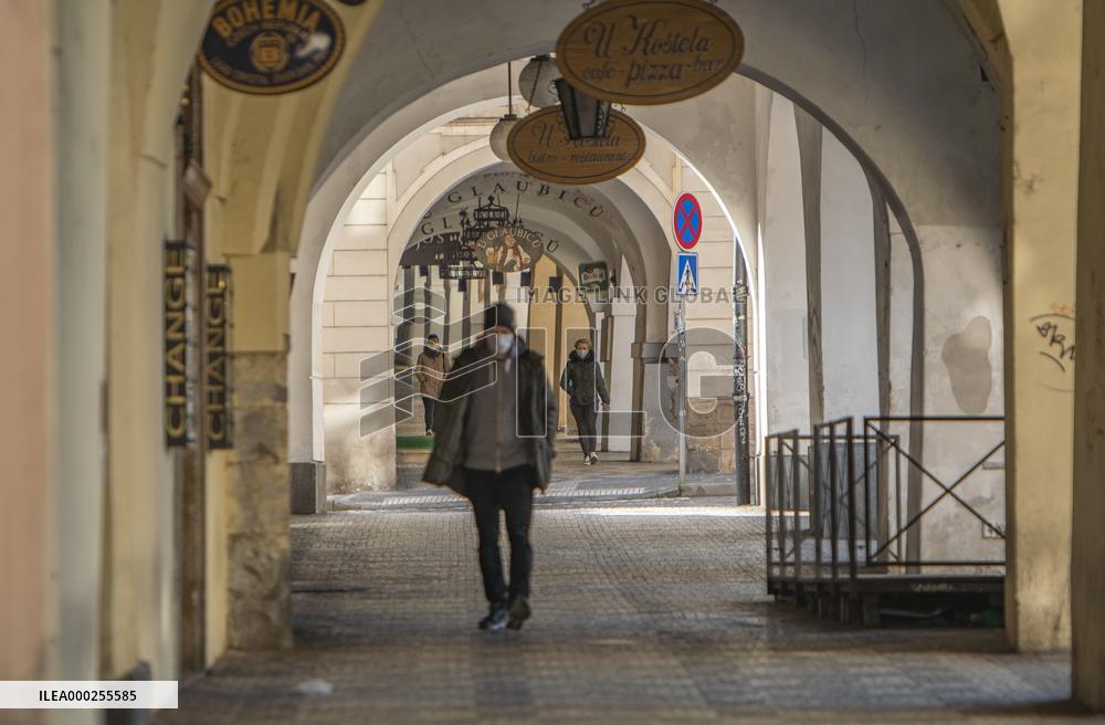 empty street, Prague city center without tourists, closed shops,restaurants