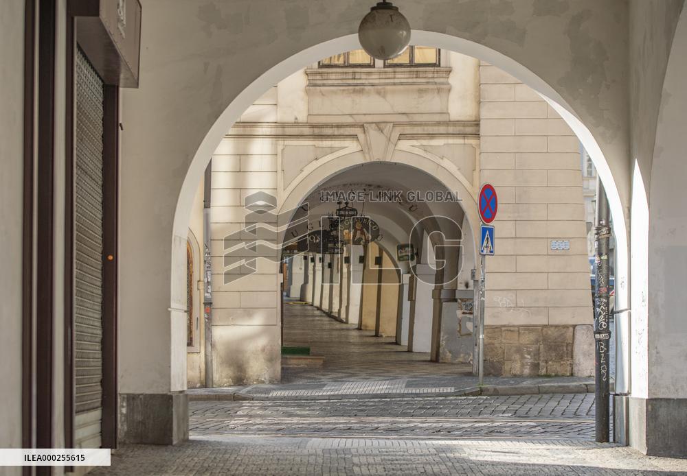 empty street, Prague city center without tourists, closed shops,restaurants