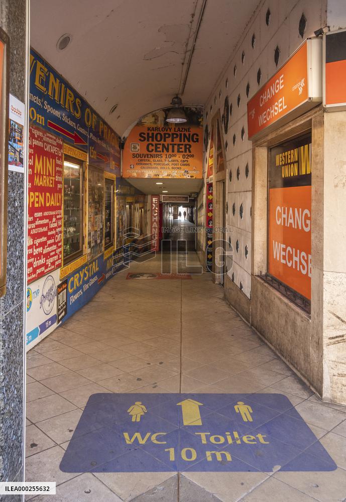 Empty center of Prague,from street Krizovnicka, passage, underpass, tourist point, shopping center, historical center, Old Town, Prague, city, without tourists, restricted movement of people, travel ban, prevention of infection, Coronavirus, Covid 19