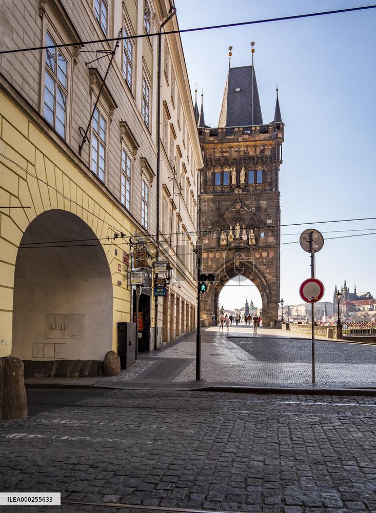 Old Town Bridge Tower, Empty center of Prague, historical center, Prague, city, without tourists, restricted movement of people, travel ban, prevention of infection, Coronavirus, Covid 19