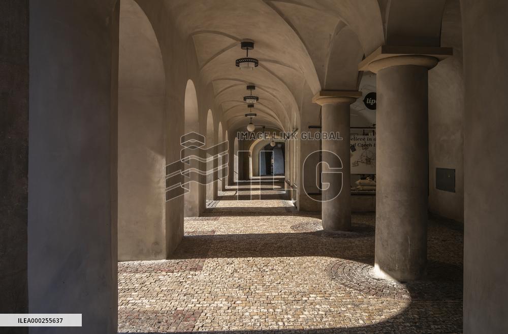 Arcades, Empty center of Prague, historical center, Prague, city, without tourists, restricted movement of people, travel ban, prevention of infection, Coronavirus, Covid 19
