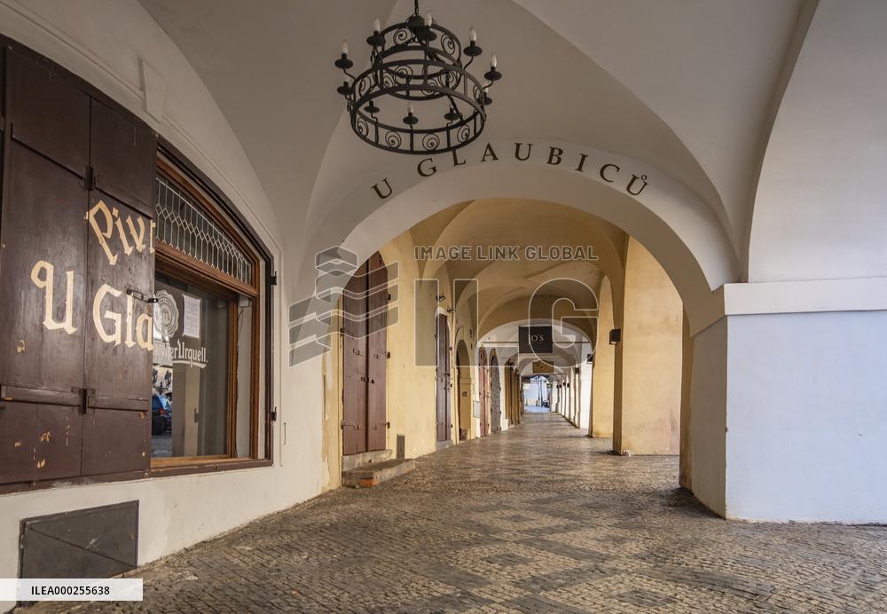 U Glaubicu restaurant, arcades, Empty center of Prague, historical center, Prague, city, without tourists, restricted movement of people, travel ban, prevention of infection, Coronavirus, Covid 19