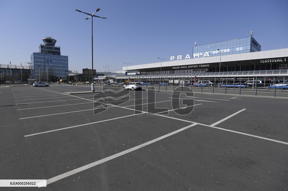 Vaclav Havel Airport Prague, only one passenger is seen in empty departure hall