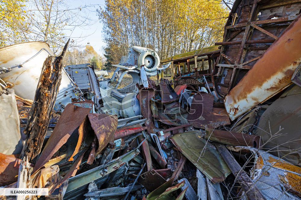 Chernobyl zone, restricted territory, Rasocha a radioactive cemetery of vehicles