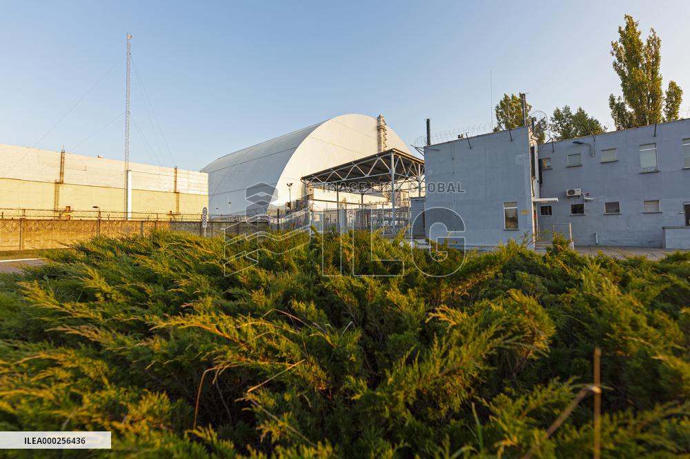 Chernobyl zone, restricted territory, secure dome over the damaged Chernobyl nuclear reactor number 4