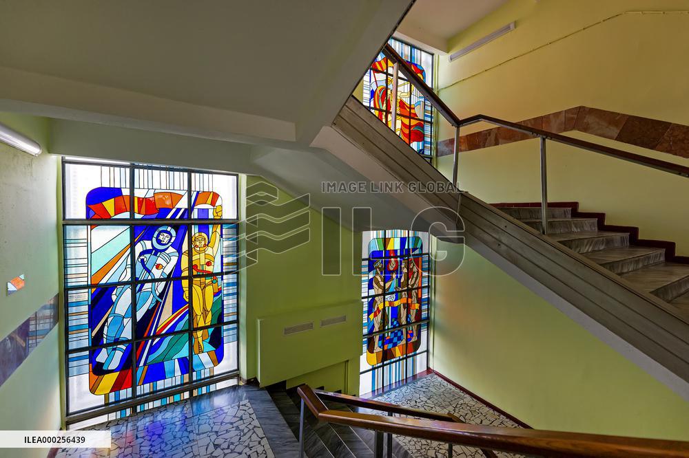 Chernobyl zone, restricted territory, Chernobyl Nuclear Power Plant,stairs,  stained glass