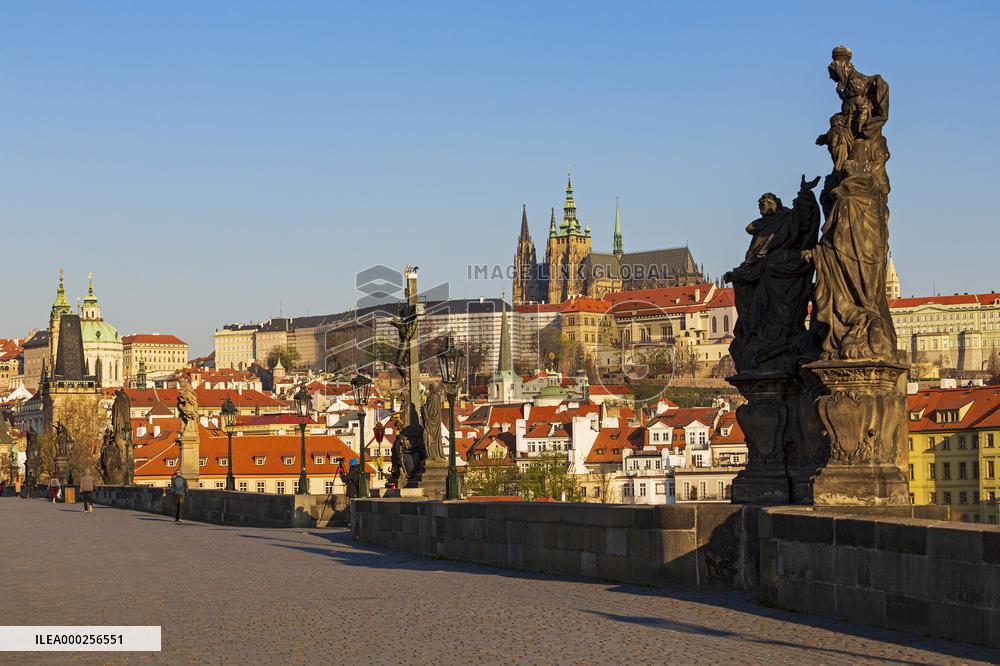 empty Charles Bridge in Prague, Prague Castle