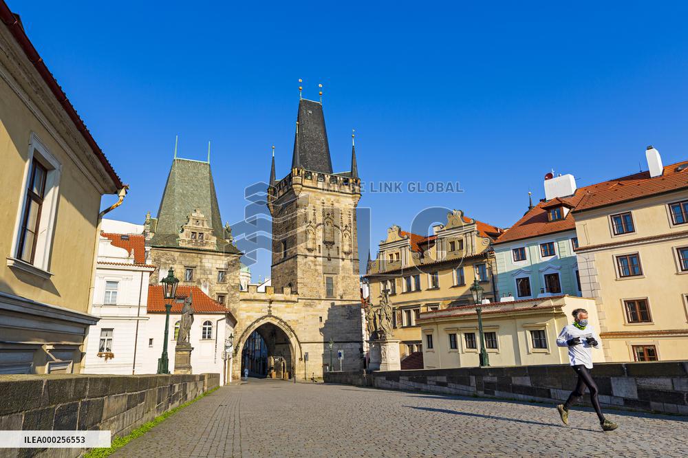 empty Charles Bridge in Prague, Prague Castle