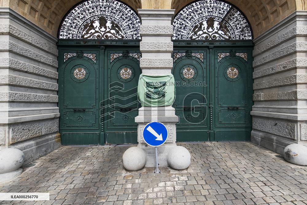 Pilsner Urquell Brewery main gate with a protection face mask