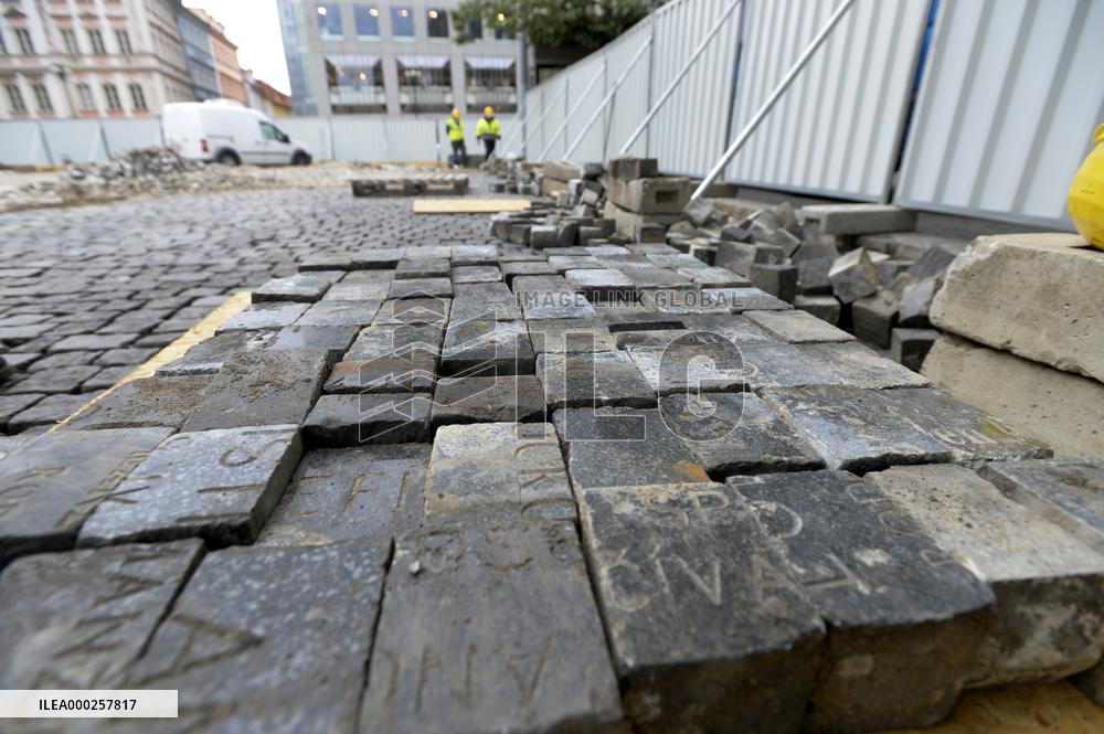 hundreds of cobblestones, made of cut Jewish gravestones, found during a reconstruction of Wenceslas Square