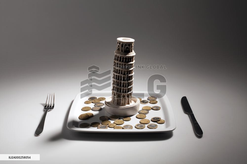 euro, EUR, coin, coins, money, cash, currency, Leaning Tower of Pisa, Italy, restaurant, food, catering, plate, cutlery