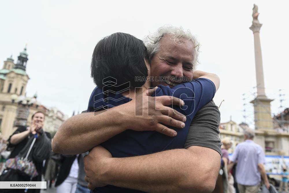 building of imitation of the 17th-century baroque Virgin Mary column on the Old Town Square in Prague, statue of the Virgin Mary