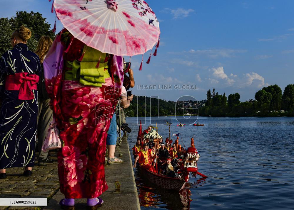 Dragon boats on Vltava River