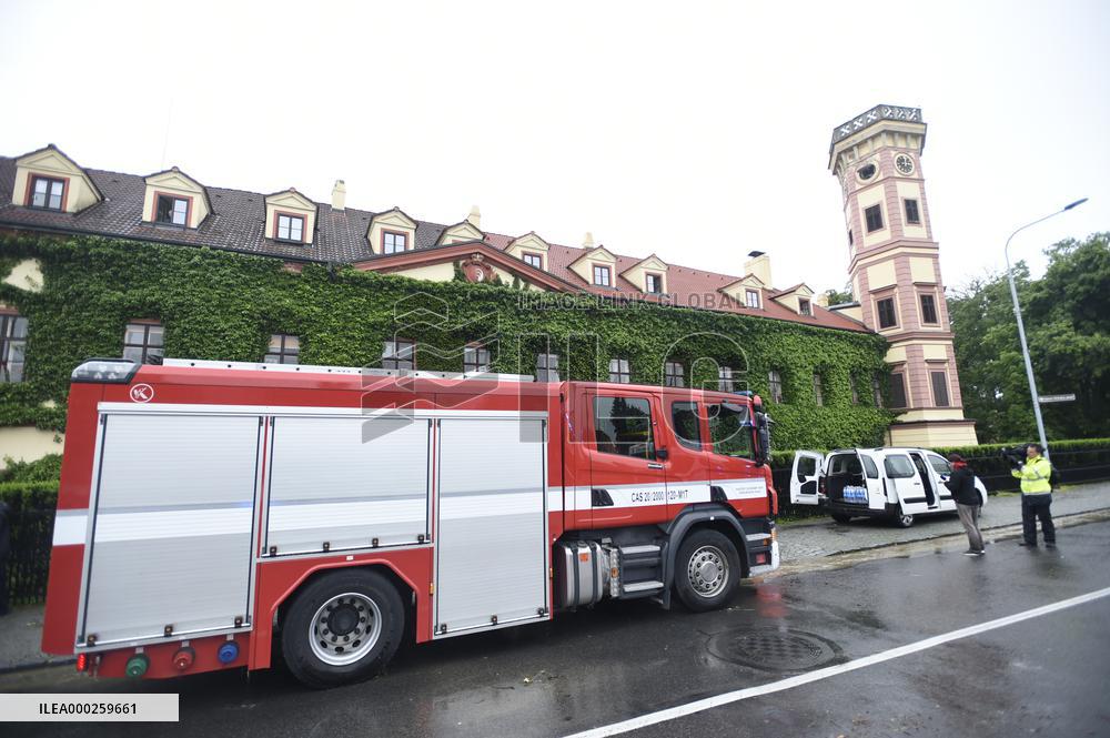 firefighters evacuated the old people's home in Hermanuv Mestec after a nearby pond dam overflowed amid torrential rains