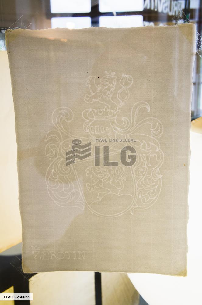 Museum of Paper, hand made paper with watermark of ZEROTIN, Coat of Arms of the Zierotin family