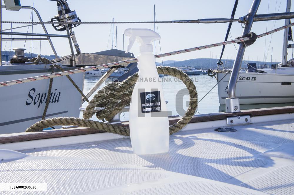 D-Marin Dalmacija, marina, sailing yacht, cruising, port, sea, a hand disinfection, sprayer disinf