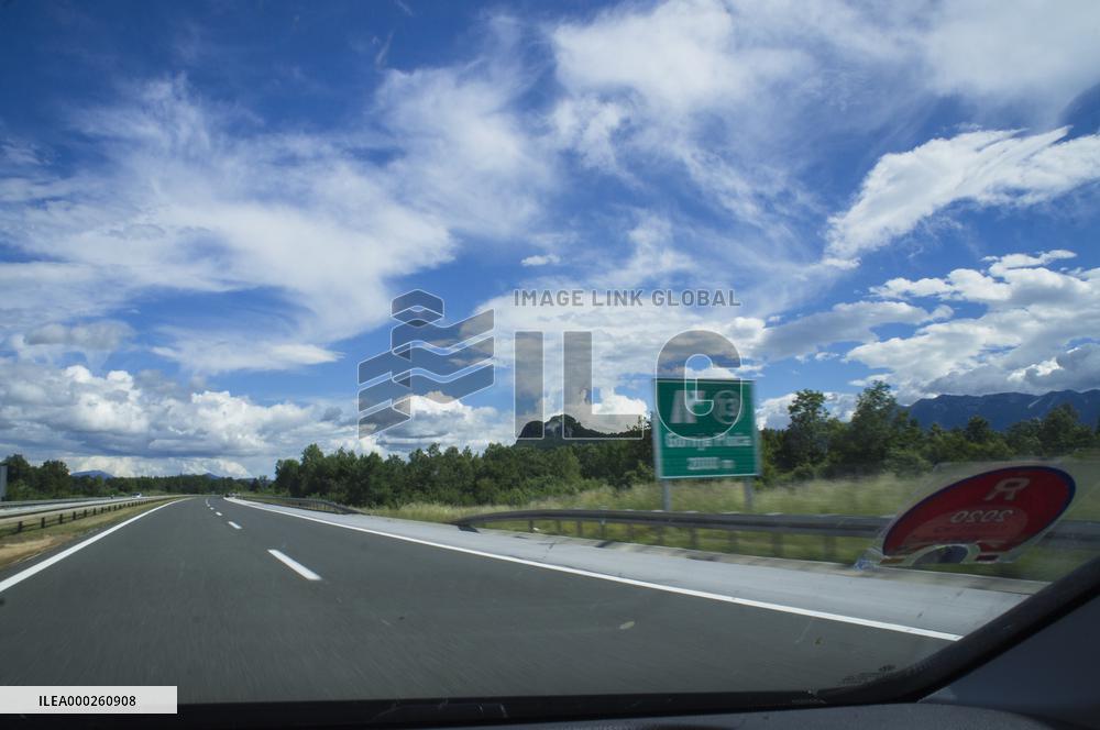 A1 motorway direction to the coastline, highway, low traffic, rideable, almost empty, blue sky, white clouds