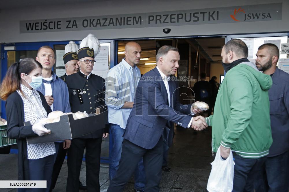 Polish President Andrzej Duda meeting with the miners of the Zofiowka coal mine in Jastrzebie.