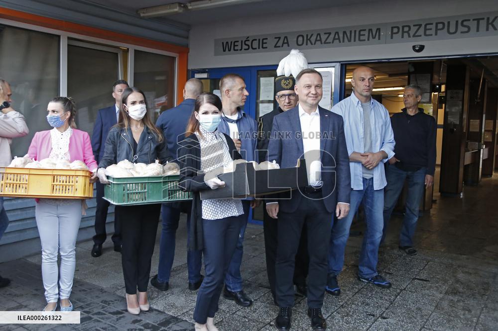 Polish President Andrzej Duda meeting with the miners of the Zofiowka coal mine in Jastrzebie.