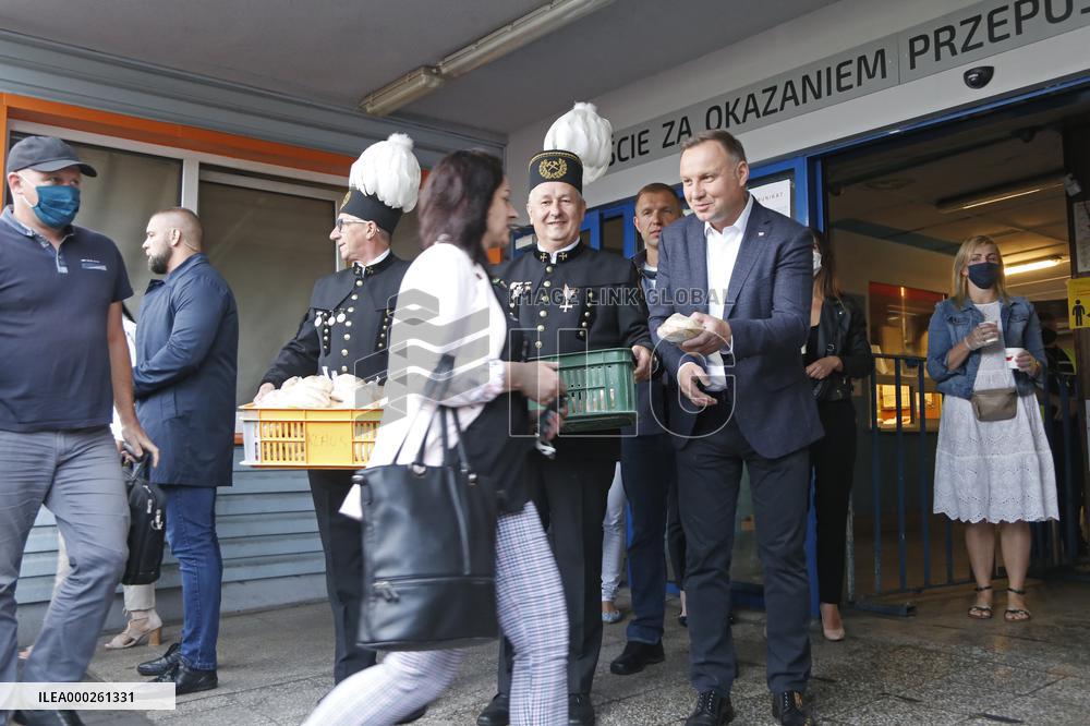 Polish President Andrzej Duda meeting with the miners of the Zofiowka coal mine in Jastrzebie.