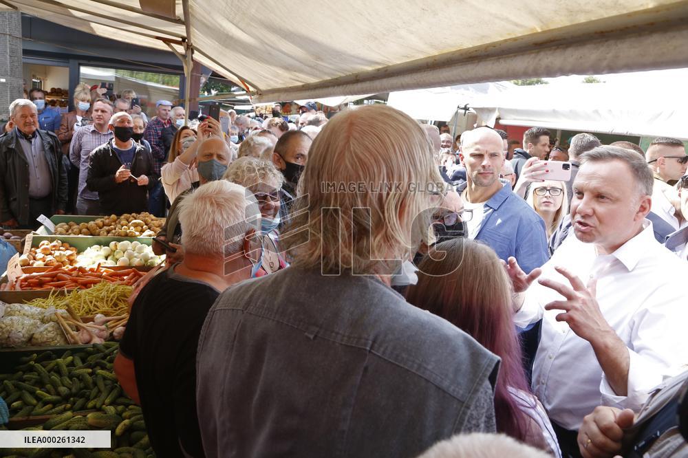 Polish President Andrzej Duda meeting with the residents of the town of Dabrowa Gornicza.