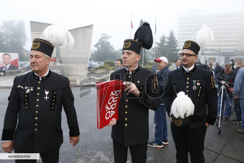 Polish President Andrzej Duda meeting with the miners of the Zofiowka coal mine in Jastrzebie.
