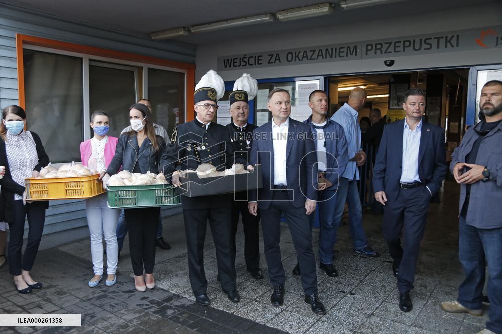 Polish President Andrzej Duda meeting with the miners of the Zofiowka coal mine in Jastrzebie.