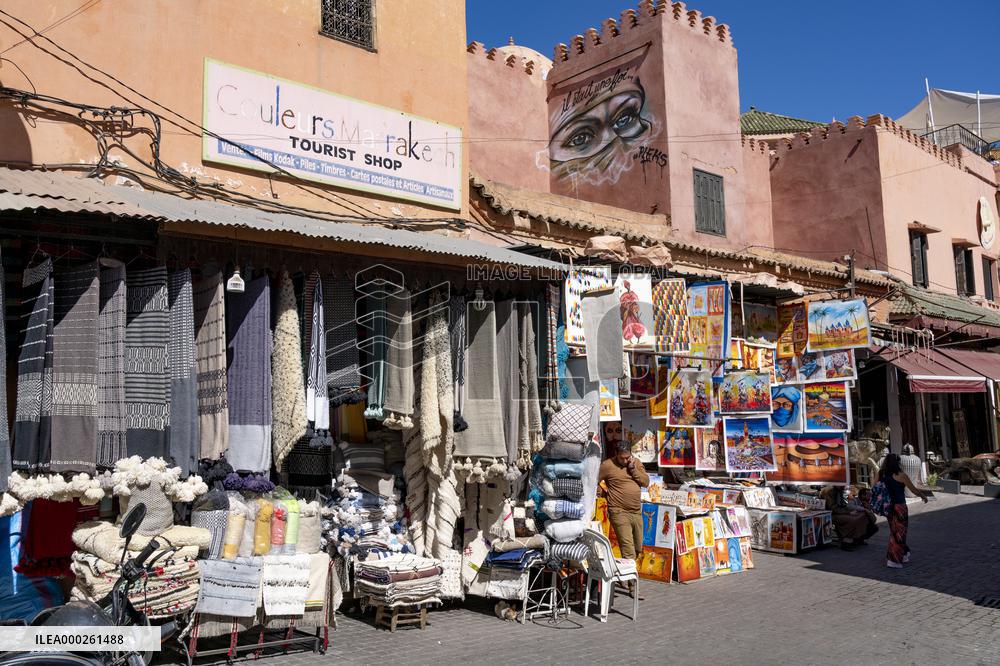 sell of souvenirs, cookware, products from letaher and wood  in medina