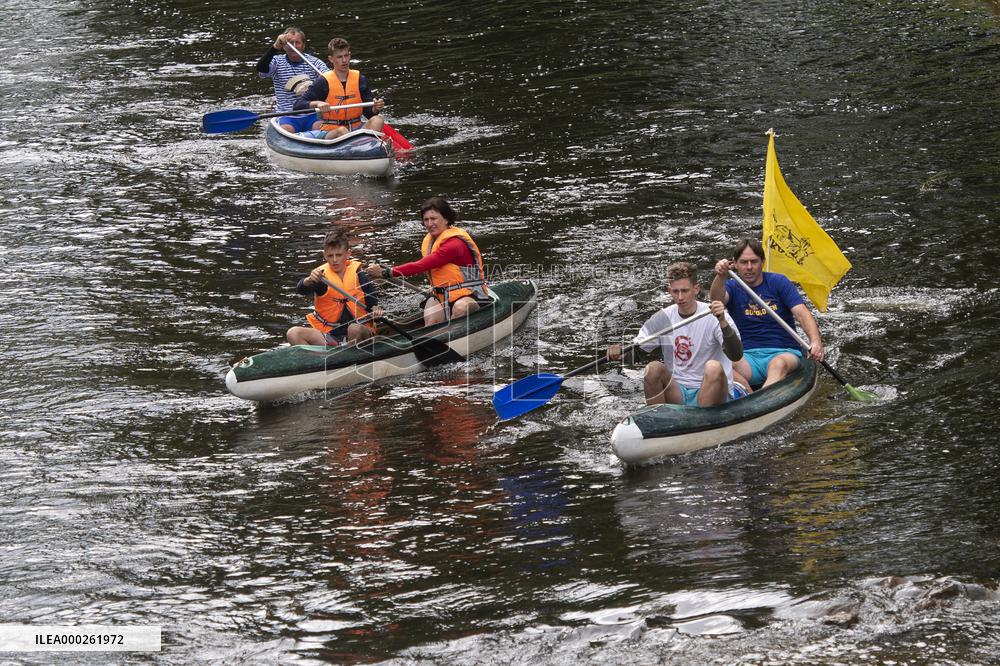water tourists in a boat on the Orlice river, boats