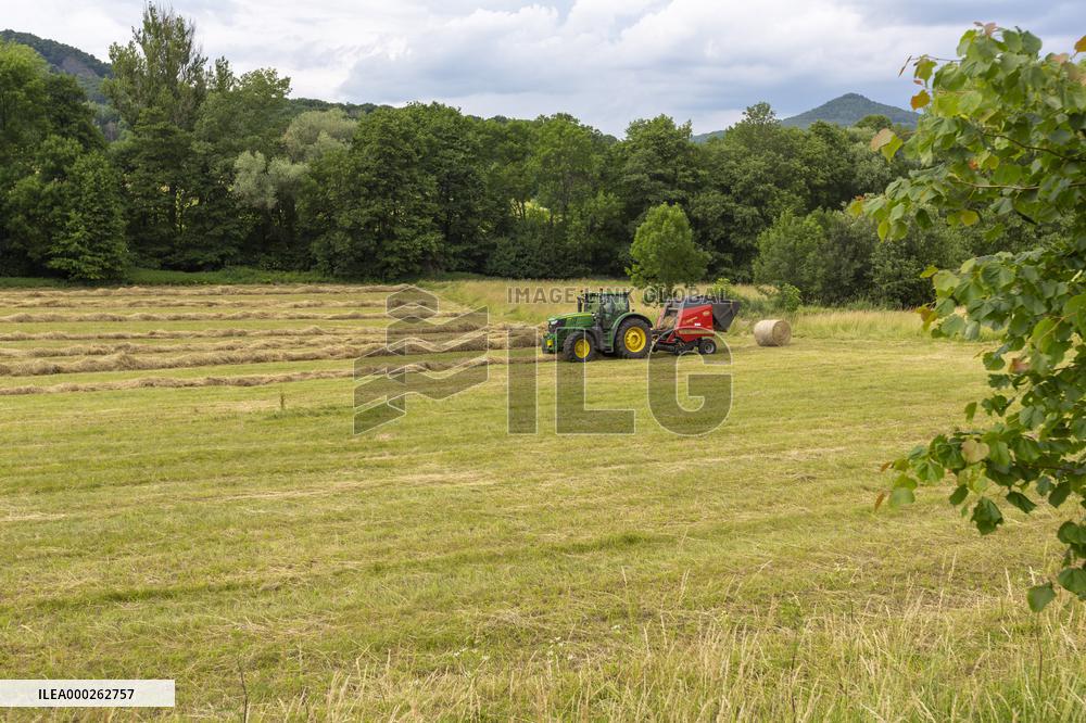 Milesovka, Milesovka, mountain, hill, tbale, pack, straw, wheel, reels, hay, hays, haulm, corn, cereals, cereal, field, harvest, harvest-time, farmer, agriculturist