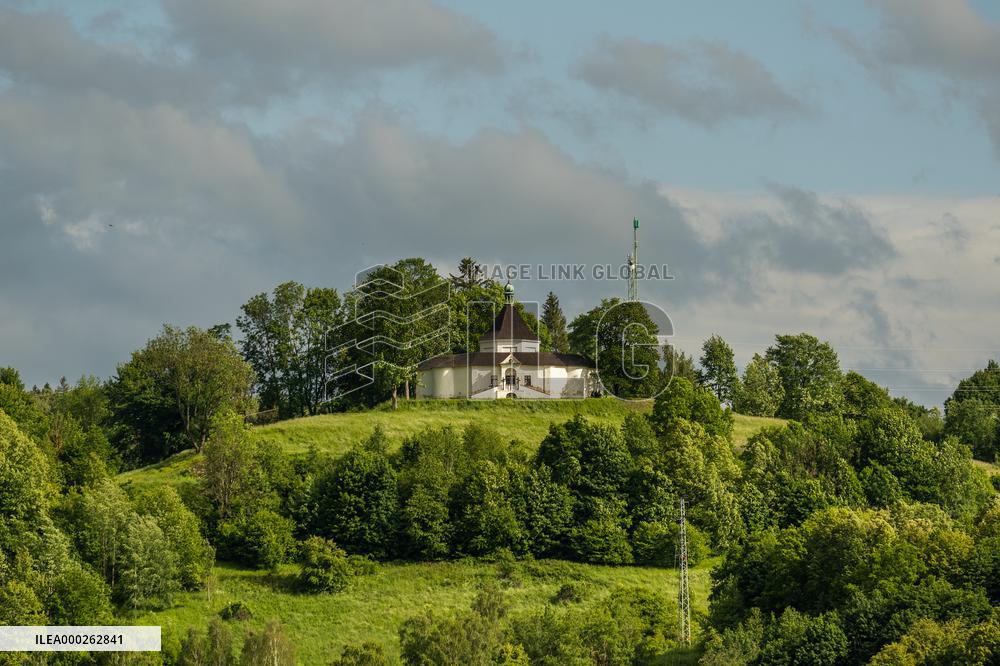 Cesky Krumlov Castle view, Chapel on the Mountain of the Cross