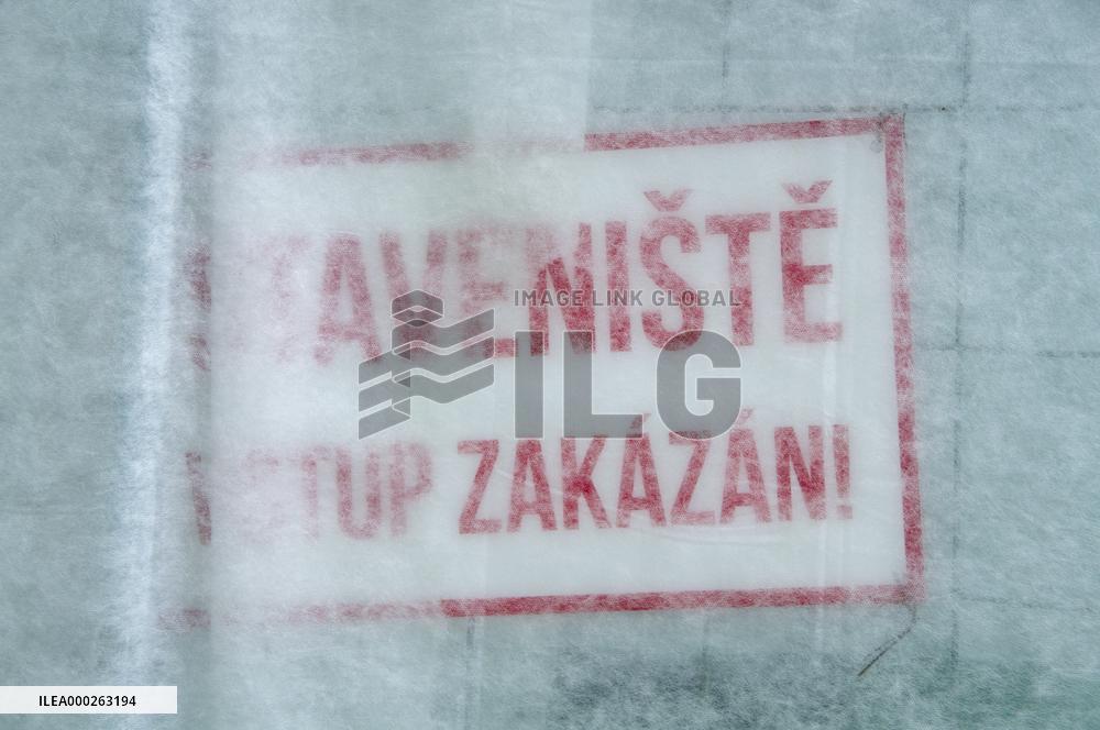 Vincentka Hall in Luhacovice Spa under reconstruction, revitalisation, BUILDING SITE NO ENTRY sign