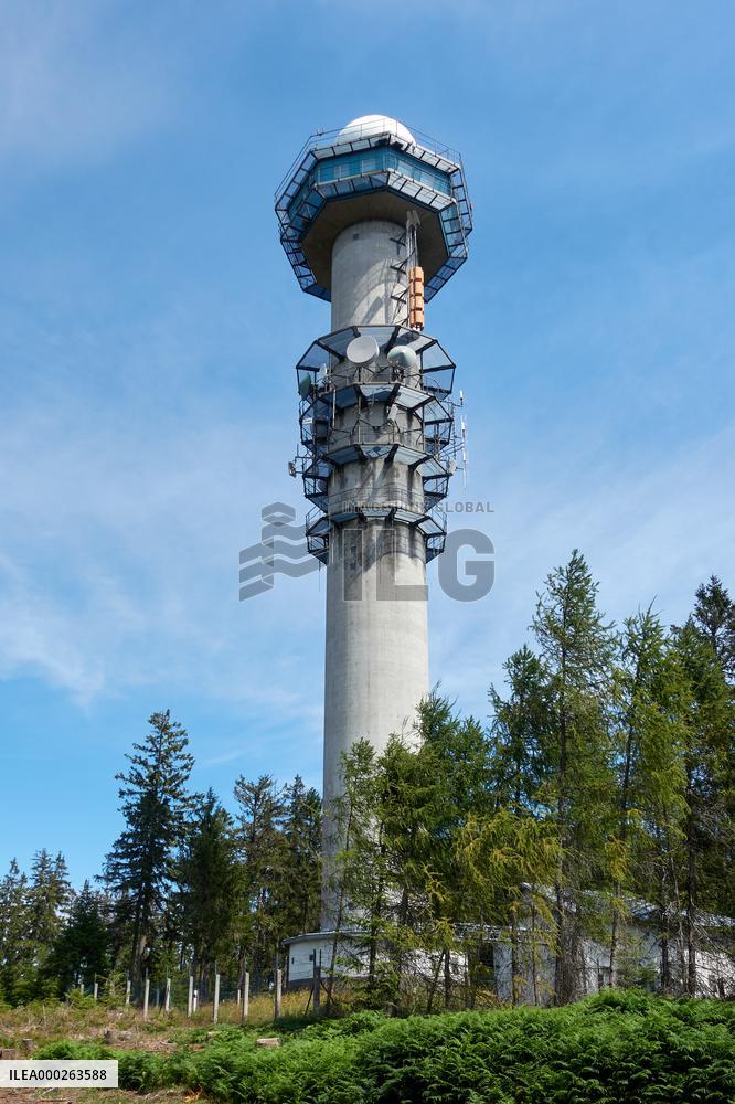 Forested highlands, mountain Brdy, meteorological tower of Brdy