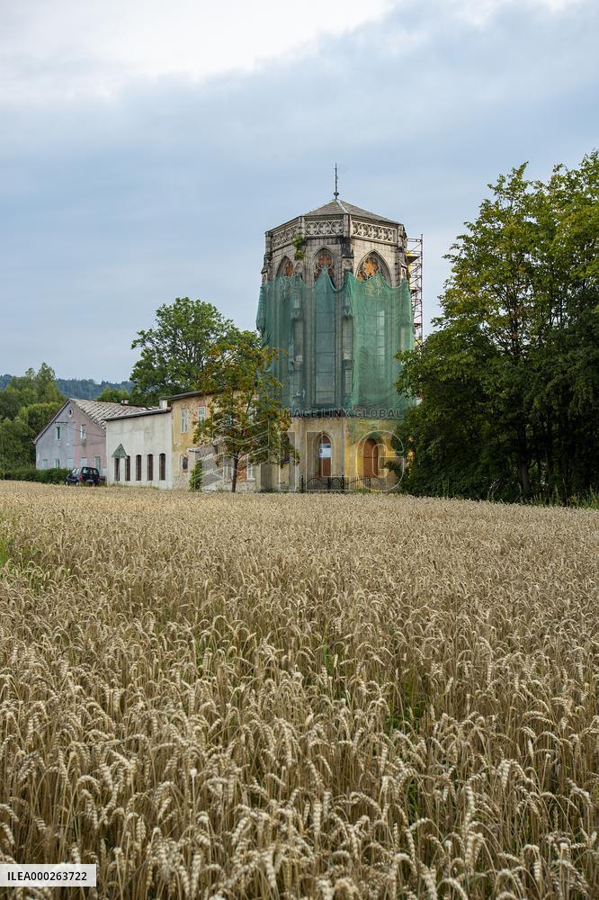 neo-gothic temple tower, former showroom of stained glasses