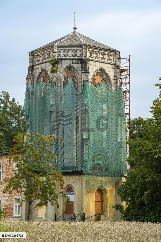 neo-gothic temple tower, former showroom of stained glasses