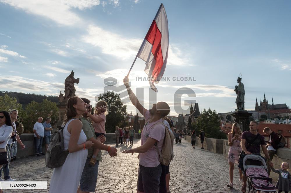symbolic human chain at the Charles Bridge in Prague, support for human rights and free elections in Belarus