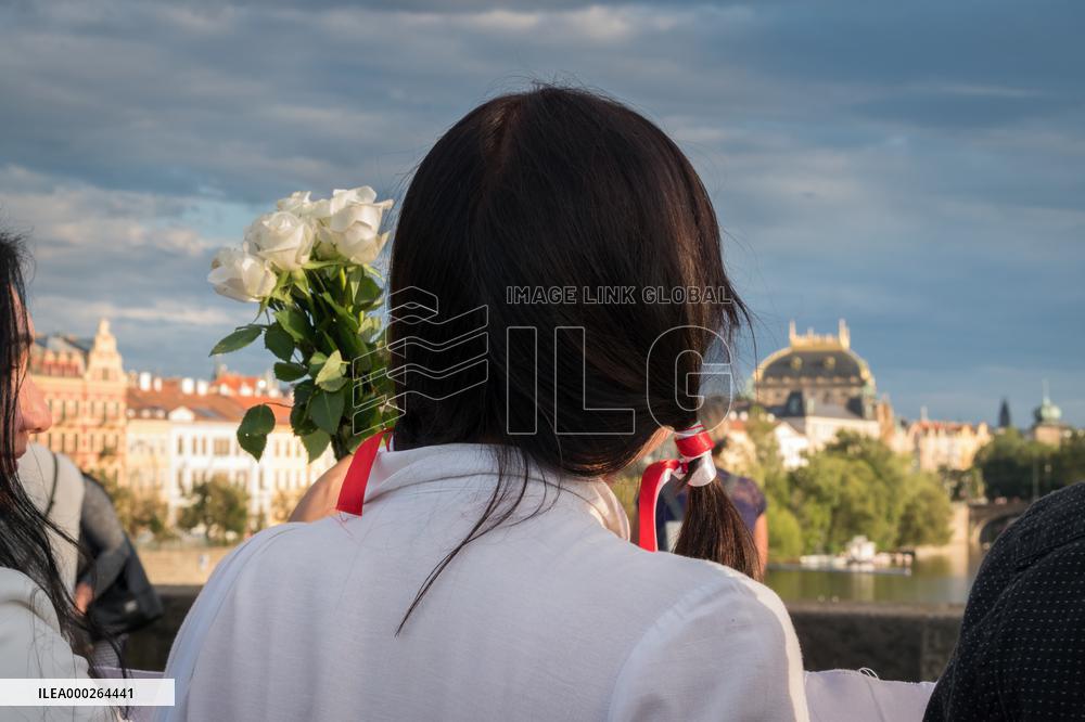 symbolic human chain at the Charles Bridge in Prague, support for human rights and free elections in Belarus