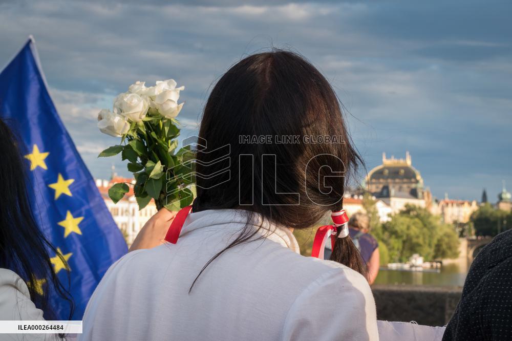 symbolic human chain at the Charles Bridge in Prague, support for human rights and free elections in Belarus