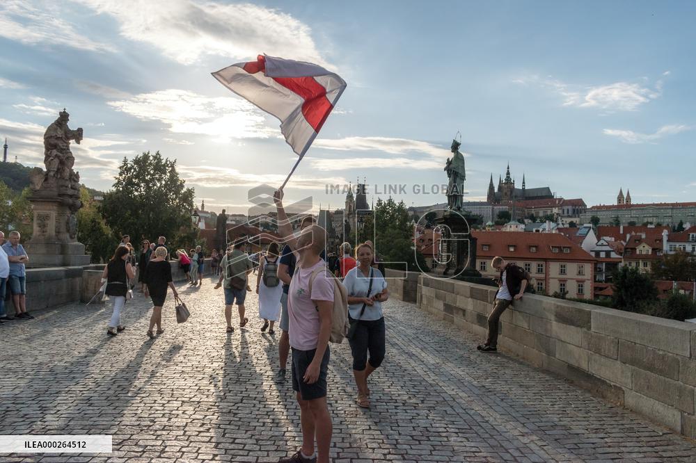symbolic human chain at the Charles Bridge in Prague, support for human rights and free elections in Belarus
