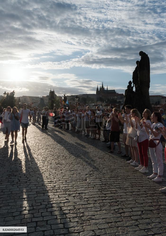 symbolic human chain at the Charles Bridge in Prague, support for human rights and free elections in Belarus